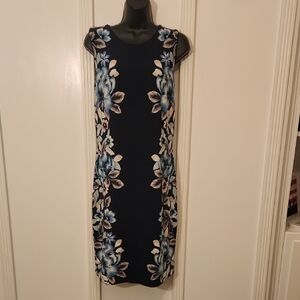 White House Black Market Navy Midi Dress with Blue and Cream Floral Panels